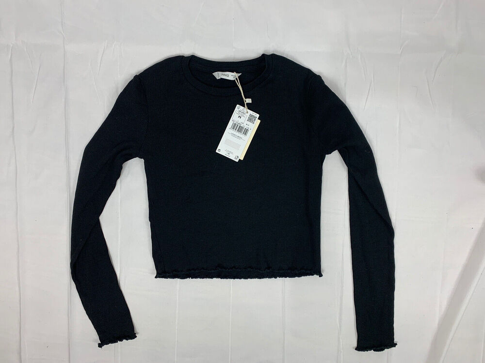 Mango Lettuce Hem Crop Long Sleeve Black Tshirt NWT Size Teen M